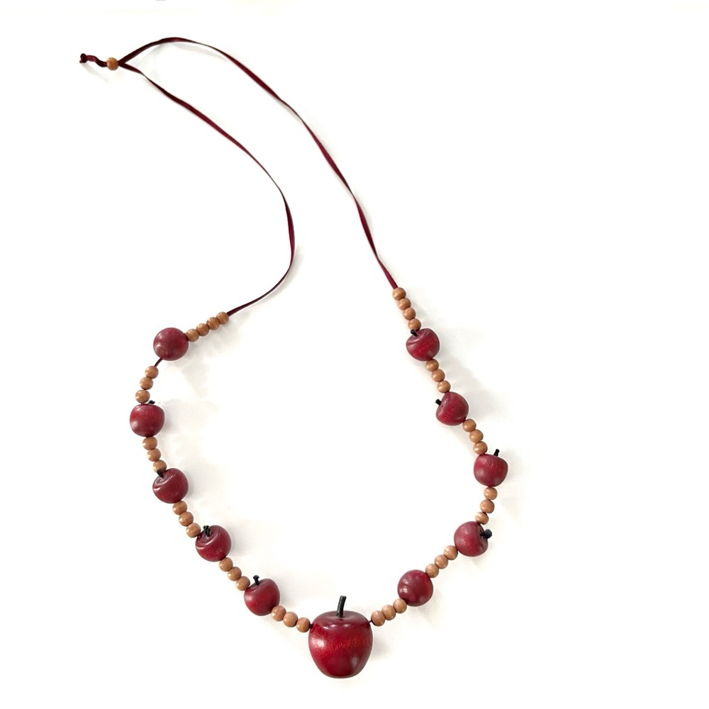 Vintage Wooden Apple Beaded Ribbon Necklace